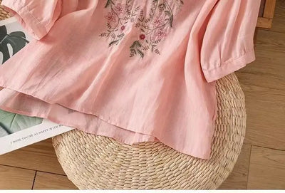 Cotton and Linen V-neck Embroidered Shirt for Women, Summer Thin Style Loose Medium Sleeves Small Shirt Top