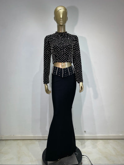Women Luxury Pearl Sequin Embroidery Bandage Outfits Dress Long Sleeve Crop Top Long Flare Skirt 2 Pieces Set Evening Party
