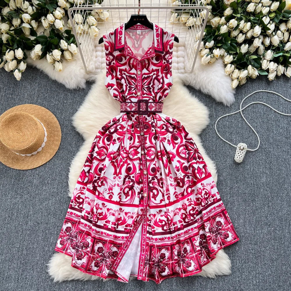Summer Print Dress Women Sleeveless Elegant High Waist A-line Long Dresses for Women