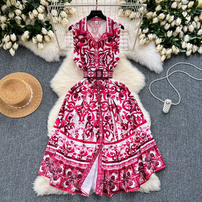 Summer Print Dress Women Sleeveless Elegant High Waist A-line Long Dresses for Women
