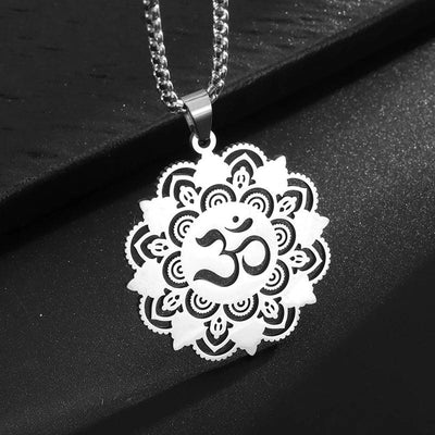 Stainless Steel Indian Religious Mandala Lotus Symbol Pendant Necklace Men Women Yoga Om Casual Jewelry