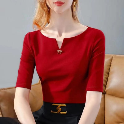 Women V-Neck Short Sleeve brooch decor Slim Red colour Blouse Tops