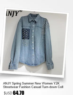 ANJY Autumn New Women Chic Two-Piece Set Studded Diamonds Streetwear Denim Shirt Drawstring Straight Elegant Casual Pants  A9654