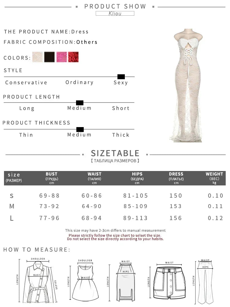 kliou Lace Patchwork Women Maxi Dress Sexy Coquette Drawstring Wrapped Chest Body-shaping Vestidos Female Stunning Clubwear Robe