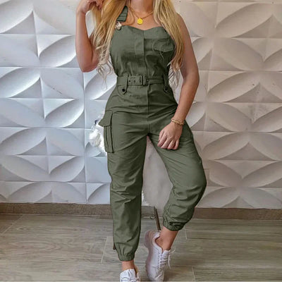 Women's Workwear Jumpsuits Summer Casual Simple Sleeveless Strap High Waist with Belt Fashion Solid Female Bound Feet Jumpsuits