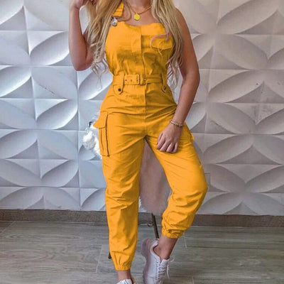 Women's Workwear Jumpsuits Summer Casual Simple Sleeveless Strap High Waist with Belt Fashion Solid Female Bound Feet Jumpsuits