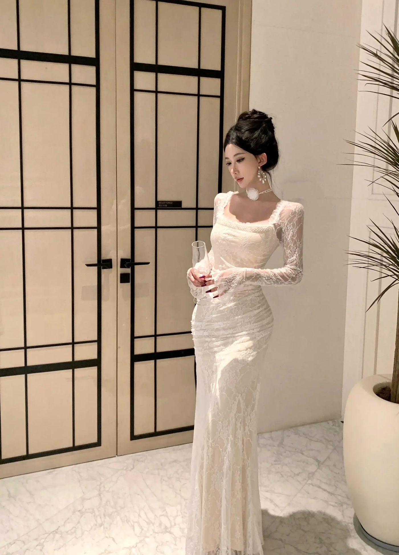 Women Korean Fashion Chic Luxury Evening Dress Autumn Winter White Lace Diamond Square Collar Dress 2025 Elegant Mermaid Dresses