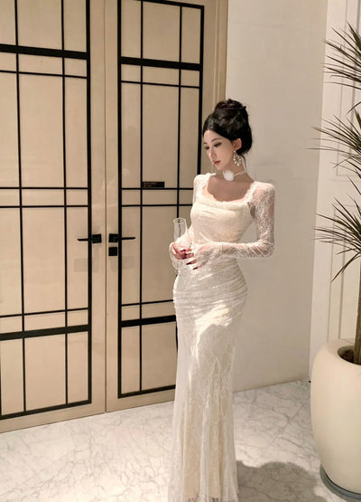 Women Korean Fashion Chic Luxury Evening Dress Autumn Winter White Lace Diamond Square Collar Dress 2025 Elegant Mermaid Dresses