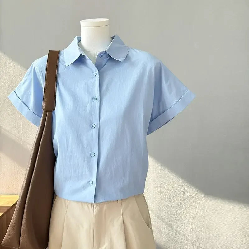 Women Clothing Summer Fashion Casual Button Solid Color Polo Collar Female Simplicity Temperament Appear Thin Short Sleeve Tops