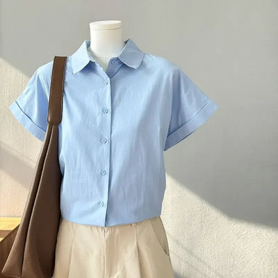 Women Clothing Summer Fashion Casual Button Solid Color Polo Collar Female Simplicity Temperament Appear Thin Short Sleeve Tops