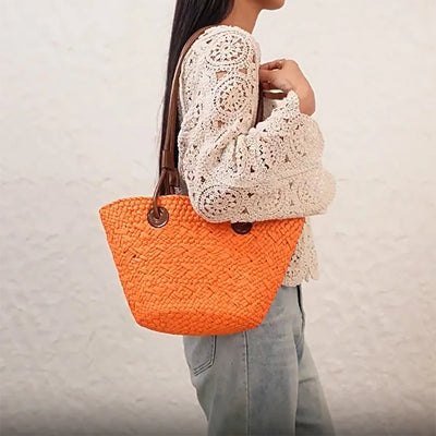 Designer Bohemian Chic Shoulder Bag,Solid Color Large Capacity Straw Woven Tote Bag,Nature-Inspired Beach Vacation Women Handbag