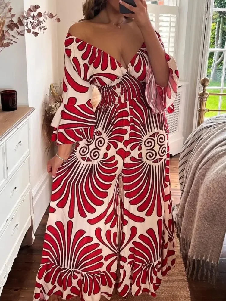 Fashion Print Jumpsuit Female Casual Deep V Neck Ruffles Three Quarter High Waist Wide Leg Pants Jumpsuits Women Summer Clothes