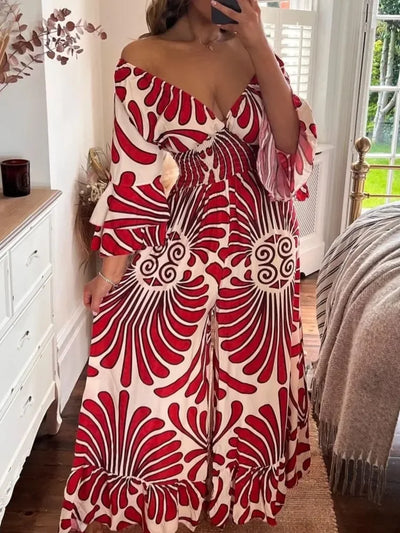 Fashion Print Jumpsuit Female Casual Deep V Neck Ruffles Three Quarter High Waist Wide Leg Pants Jumpsuits Women Summer Clothes