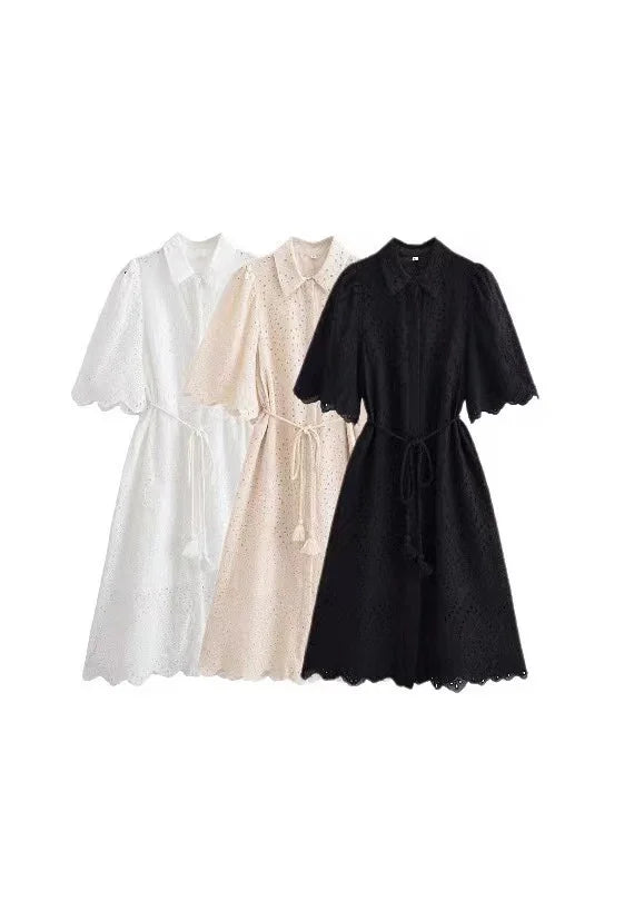 Women's Dress 2025 Spring New Fashionable and Casual Style Hollow Embroidered Shirt Dress