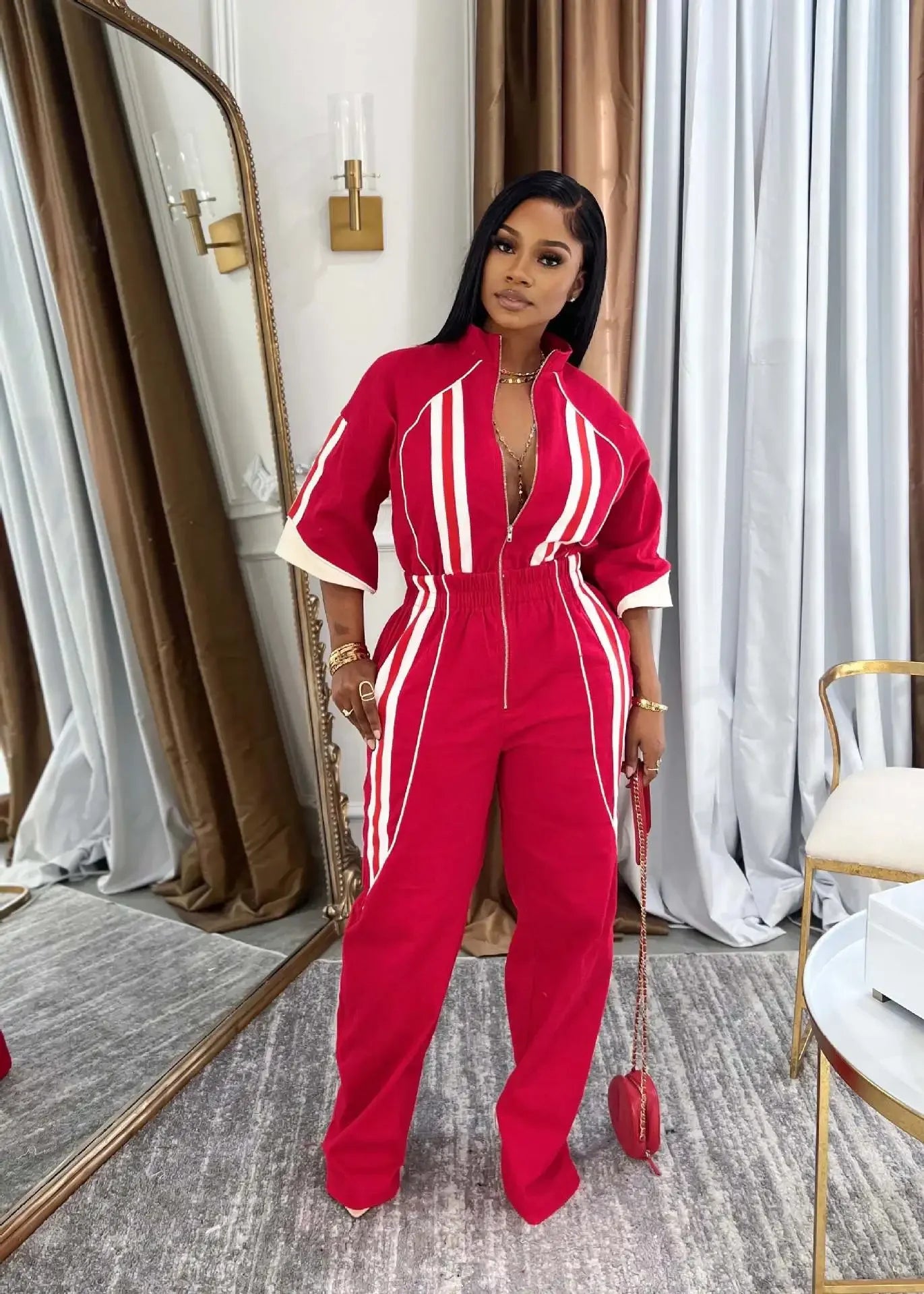 Women Jumpsuits For Spring 3/4 Sleeve Print Stripe Loose Fashion Streetwear Overalls Wide Leg Pants Trousers 2025 Summer