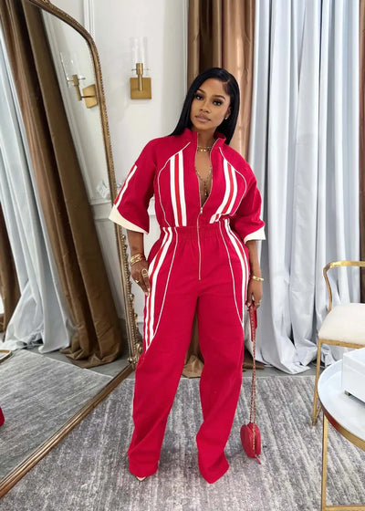 Women Jumpsuits For Spring 3/4 Sleeve Print Stripe Loose Fashion Streetwear Overalls Wide Leg Pants Trousers 2025 Summer