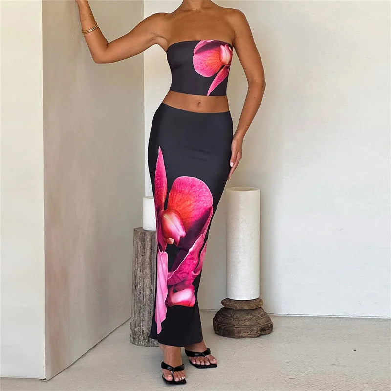 Women Summer 2 Piece Outfits Floral Print Tube Tops and Elastic Bodycon Long Skirt Set for Streetwear Aesthetic Clothes