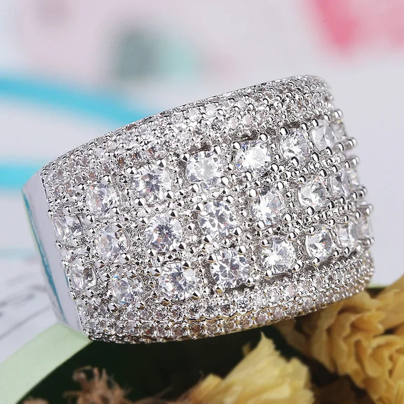 Luxury Female Rings 925 Stamp Plata AAA Inlaid Cubic Zircon Crystal  Wide Rings for Women Jewelry Gift Fashion Statement Bijoux