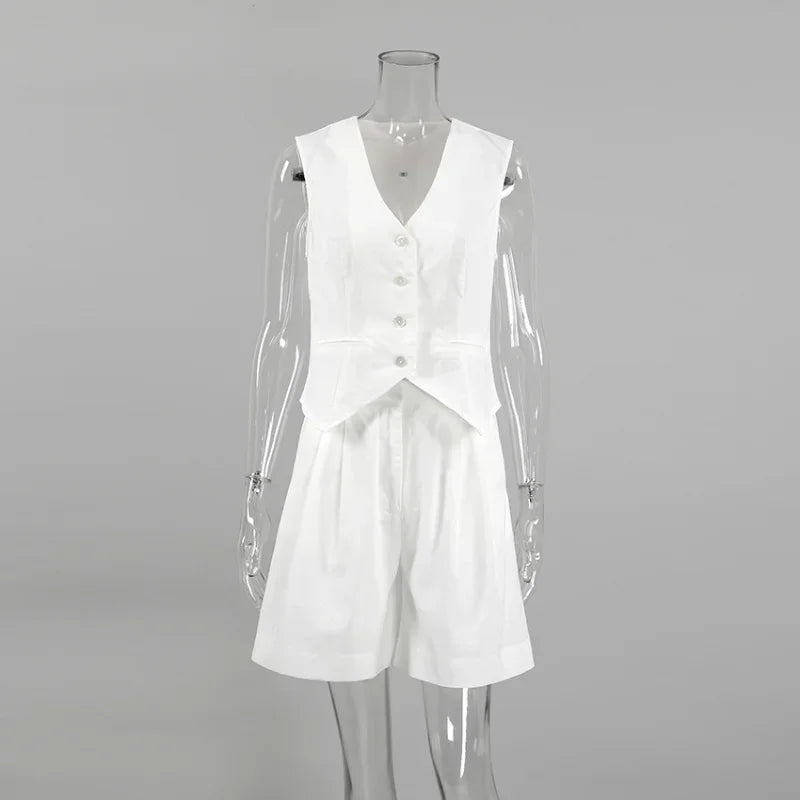 New Cotton Linen Vest Short Sets Casual Sleeveless Undershirt Shorts Sets for Women 2 Pieces Outfit Office Lady White Pant Sets