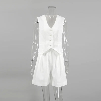 New Cotton Linen Vest Short Sets Casual Sleeveless Undershirt Shorts Sets for Women 2 Pieces Outfit Office Lady White Pant Sets