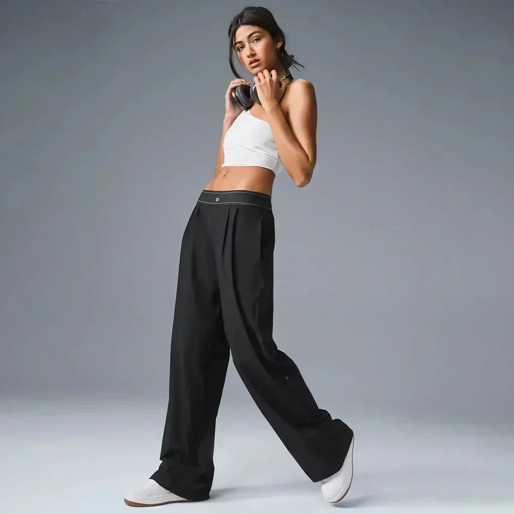 High-waisted wide-legged trousers women summer yoga trousers drape loose straight trousers thin elastic casual versatile