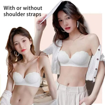 Women Wireless Bra Sculpting Cup Bra Strapless Push Up Bra with Anti-slip Strip Detachable Straps for Women No Steel Ring Solid