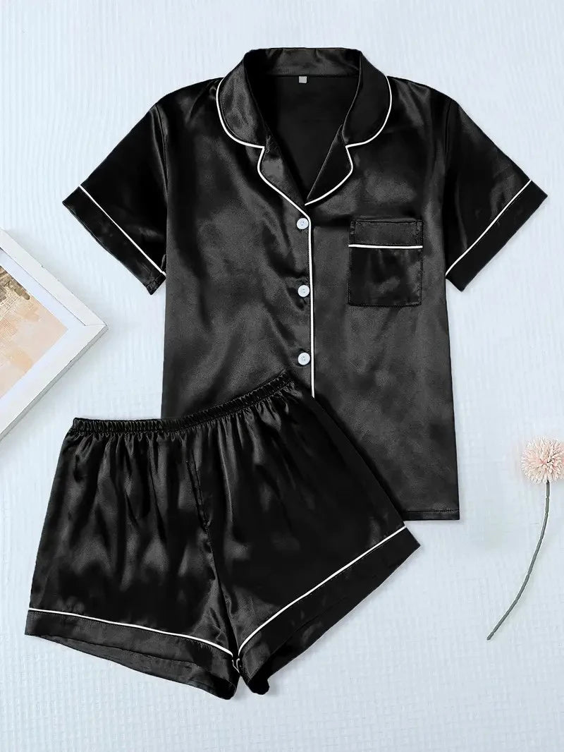 Women's Sleepwear Silk Satin Pajamas Set Button-Down Pyjama Shorts Suit Pijama Femme Loungewear Pj Sets Solid Color Home Clothes
