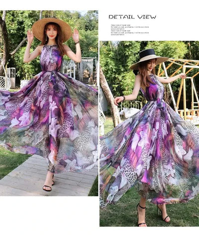 2023 New Floral Summer Sleevelss Suspender Maxi Dress for Women Sexy Backless Beach Purple Boho Robe Femme Sundress Dress Photo