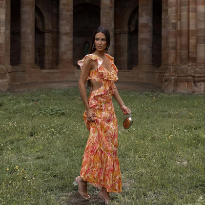 Slip Dress 2024 Summer Sleeveless Beach Style Ruffled Printing Vacation Fashion Women Casual Long Dress
