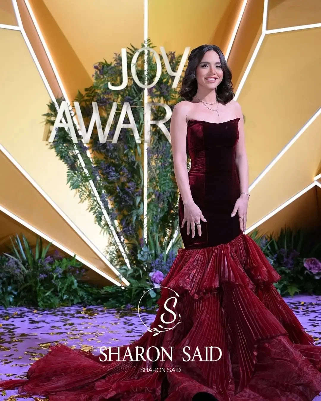 Sharon Said Dubai Luxury Wine Red Evening Dress with Ruffled Strapless for Women Wedding Party Arabic SF157 Customized
