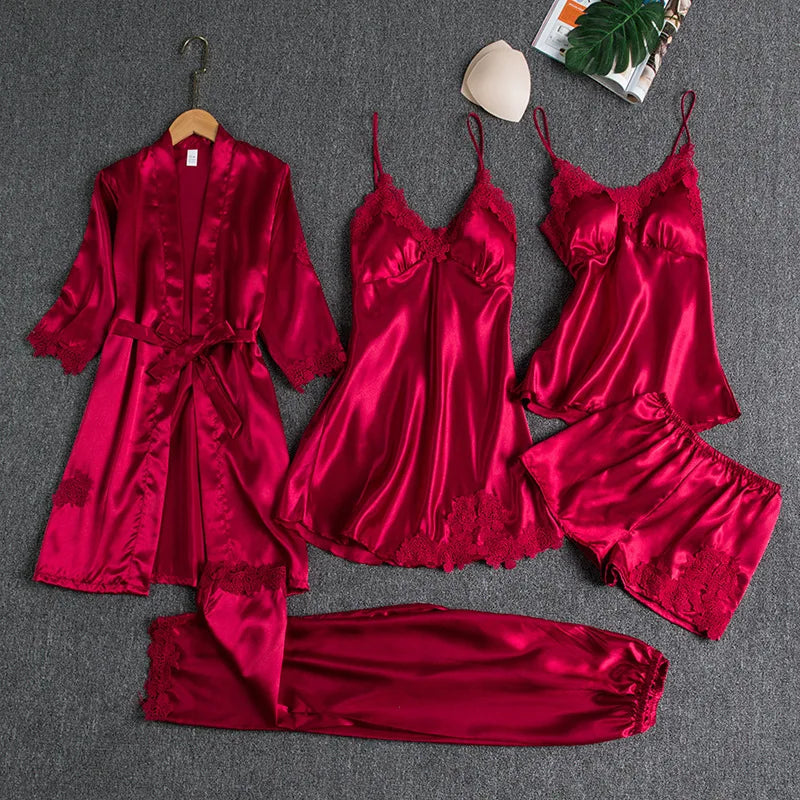 Women's Summer Sexy Pajama Pants Set 5 Pieces Nightgown Nightdress Top Shorts Pants Set Lace Satin Silk Sleepwear Robe Sleepwear