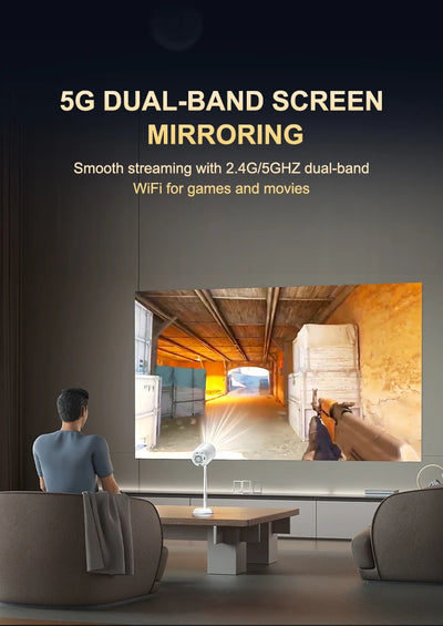 Portable Mini  Android Projector Support 4K  1080p Integrated 90°Adjustable Stand Hight Adjustment WiFi Bluetooth  ,Model:TS6