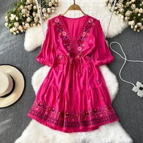 Boho Dress for Women Embroidery Floral Print V-neck Elastic Waist Lace-up Dresses with Belt Summer Vestidos Folds Dropshipping