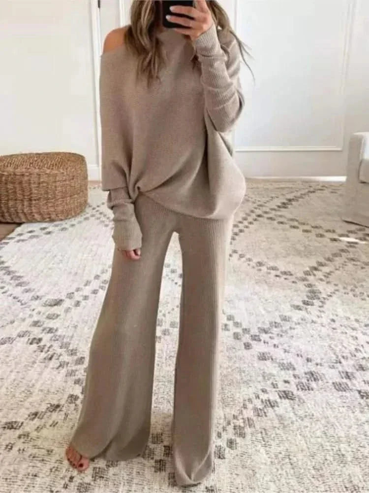 Autumn Winter Fashion 2pcs Suits 2024 Women Outfits Slanted Neck Off Shoulder Top Wide Leg Pants Two-piece Set Women Tracksuits