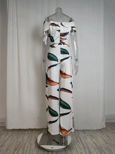 Women's Fashion Printed Casual High Waist Jumpsuit Ladies Sexy Off Shoulder Flower Short Sleeve Wide Leg Jumpsuit Woman Rompers