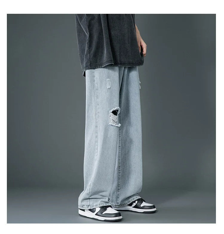 Ripped Jeans Men Ins Trendy Straight Leg Loose Wide Leg Pants High Waist Floor Mopping Denim Pants Versatile Casual Pants Men's
