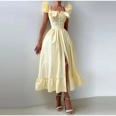 Ruffle Dress Women Fashion Backless A Line Slim Waist Striped Robe Female Flying Sleeves Buttons 2025 Summer Elegant Streetwear