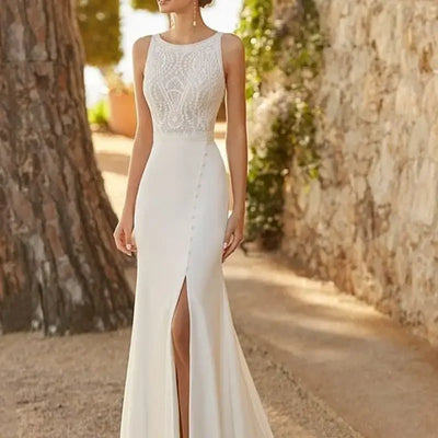Mermaid Sleeveless Wedding Dresses for Women Sexy Side Slit Round Neck Bridal Gowns Vestidos Elegantes Para Mujer Robe De Mariée