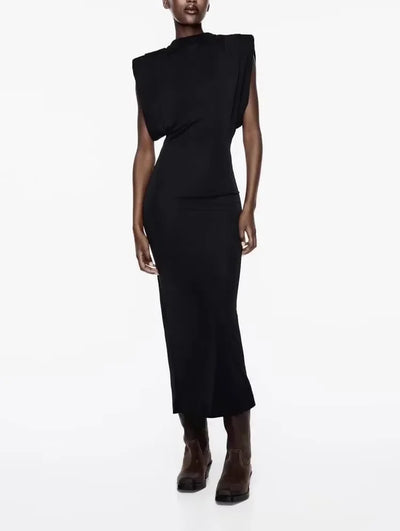 ZBZA Women's Slim Party Dresses Round Neck Sleeveless Shoulder-padded Bodycon High Waist Midi Dress Spring New Female Chic Dress
