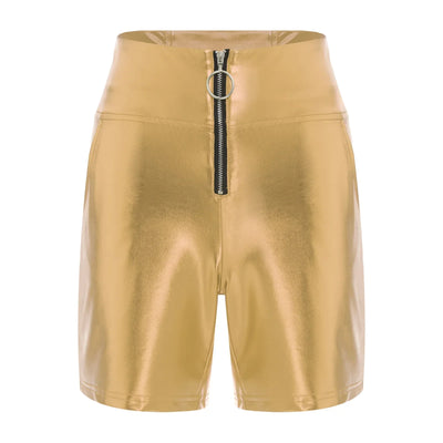Womens Metallic Shiny Biker Tights Shorts High Waist Front Zipper Pockets Bodycon Short Leggings Motor Riding Dance Shorts