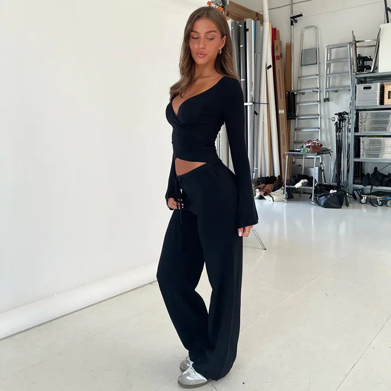 Women Fashion Lounge Set Vintage 2 Piece Outfit Spring Autumn V Neck Waist Tie T-shirt+Elastic Waist Pants Long Sleeve Crop Tops