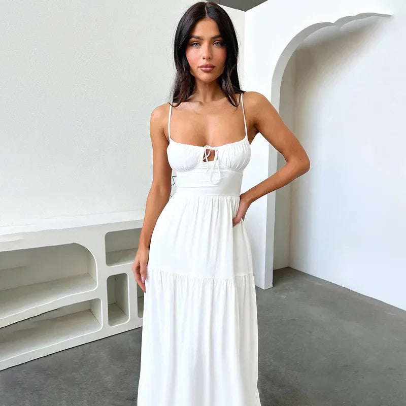 BOOFEENAA Halter Backless Maxi Long Dress Sexy Vacation Outfits White Black Summer Dresses for Women Clothes 2024 C66-CH28