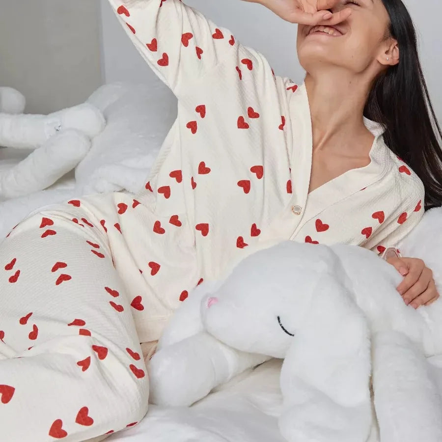 Love Pattern Waffle Pajamas Women Loungewear Set Cardigan Homewear Lady Long Sleeve Top Pant Nightwear 2025 Autumn Spring New