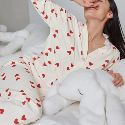 Love Pattern Waffle Pajamas Women Loungewear Set Cardigan Homewear Lady Long Sleeve Top Pant Nightwear 2025 Autumn Spring New