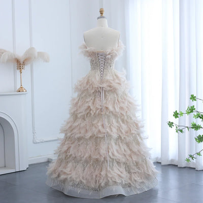 Sharon Said Luxury Dubai Feathers Princess Ball Gown Cream Evening Dress for Women Wedding Engament Party Dress SS732 Customized