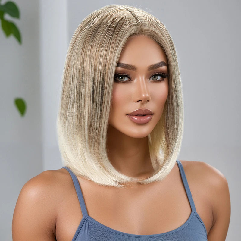 Wigs for Women; Synthetic Wig Cross-Border Golden Short Hair; Bobo Short Straight Hair; Synthetic Fiber Hair with Middle