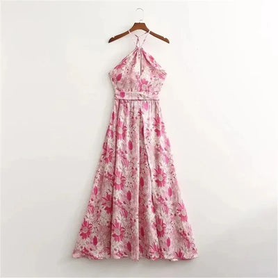 hirigin Floral Boho Elegant Dress Women Pink Flower Print Bohemian Beach Style Summer Mini Dress Ruffled Backless Sundress 2022