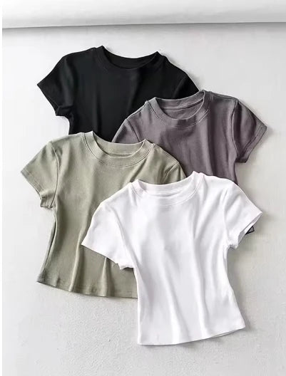 Women's crew neck short-sleeved T-shirt, stretch bodice sexy, summer