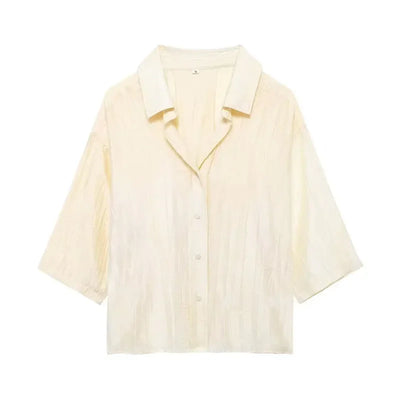 Women's Jacquard Oversized Shirt Trousers Short Sleeves Suit Lapel Shirt High Waist Elastic Straight Leg Pants Chic Female Set