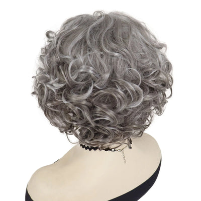 Short Curly Wigs for Women Synthetic Hair Grey Wig with Side Bangs Ombre Color Gray Wigs for Lady Dress Up Costume Party Cosplay